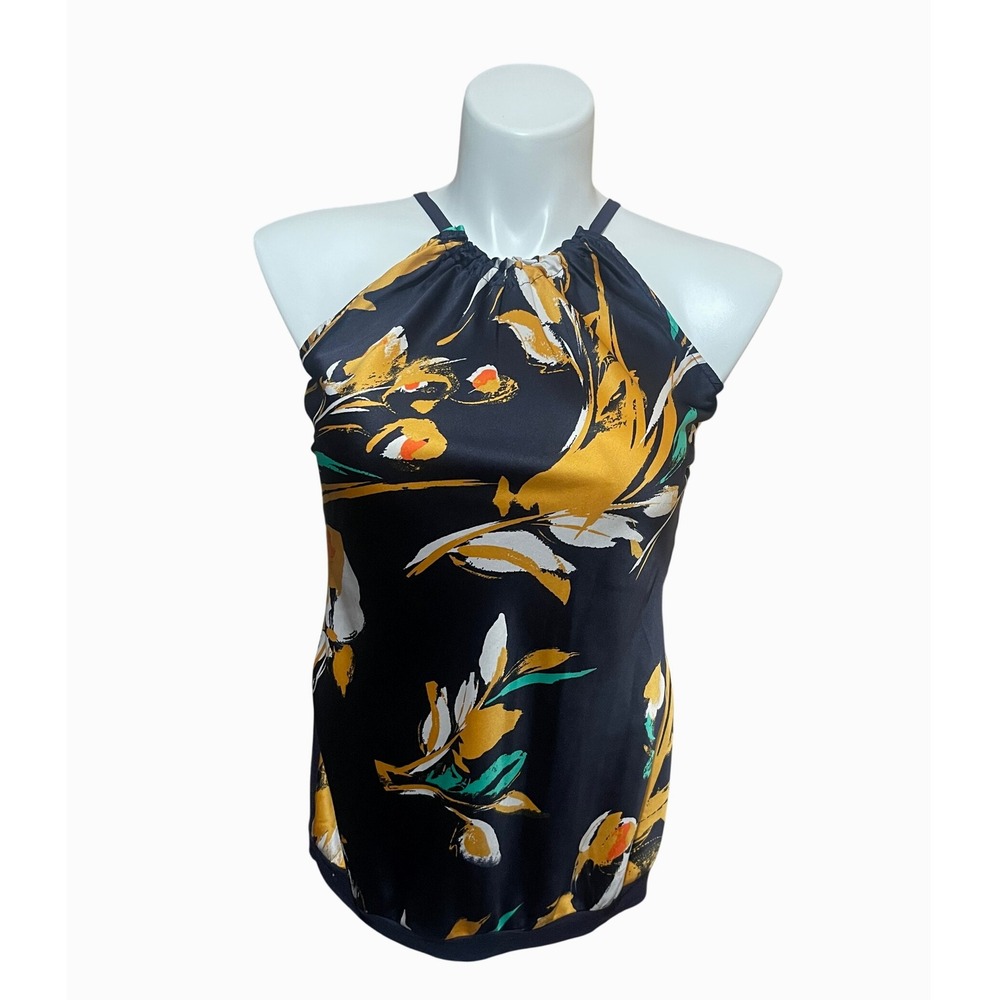 The Limited Halter Top Floral Print Sleeveless Casual Blouse Navy Blue Size M‎
